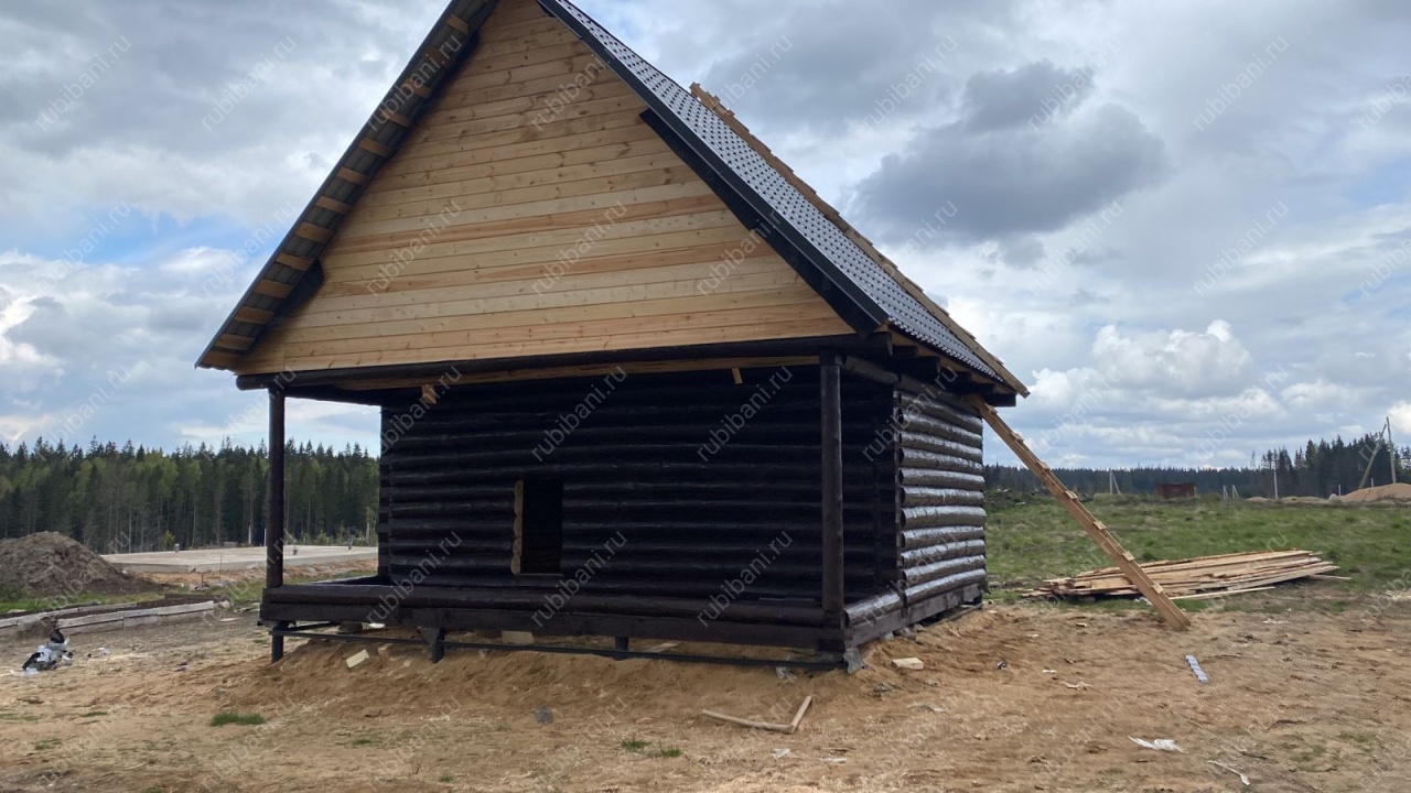 Баня из бревна 5 на 4 с террасой под усадку — фото 1 Баня из бревна 5 на 4 с террасой под усадку — фото 1